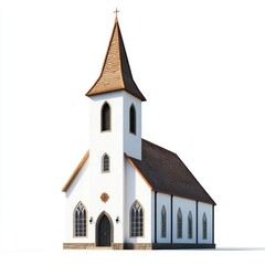 Fototapeta premium A quaint white church stands prominently with its brown roof and pointed spire, surrounded by clear skies and serene surroundings