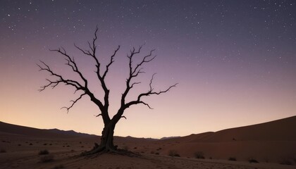  Desert Tree Silhouette Starry Night Backdrop for a Lone, Weathered Tree, Stark Beauty in Arid Landscape at Nightfall