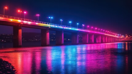 Night bridge, vibrant lights, coastal city, water reflection, tourism