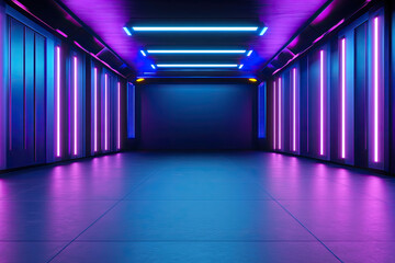 A futuristic neon-lit corridor pulsates with vibrant purple and blue energy, creating a captivating and mysterious atmosphere.