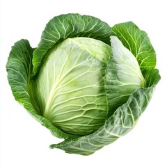 Obraz premium Fresh cabbage positioned against a pure white background showcases its crisp leaves and vibrant green color, ideal for culinary dishes