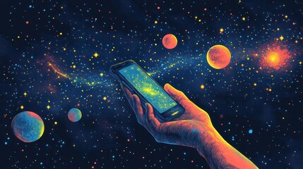 Hand holding phone, galaxy displayed, cosmic background, space exploration, digital art