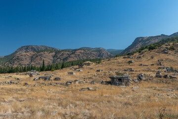 Ruins of ancient city, Hierapolis near Pamukkale, Turkey. Sunny day.