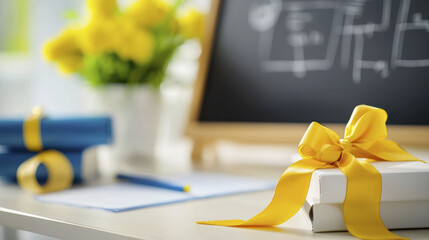 beautifully wrapped gift with yellow ribbon sits on desk, surrounded by stationery and bouquet of flowers, creating cheerful atmosphere