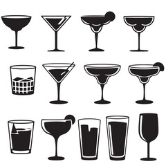 set vector various cocktail glass, summer cocktail, cocktail drink silhouettes