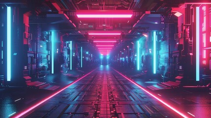 Futuristic Neon Corridor - A vibrant art depicting a futuristic corridor illuminated with pink and blue neon lights. The scene is sleek and technologically advanced