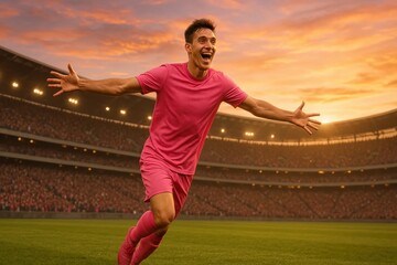 Ecstatic soccer player in pink celebrating goal moment, victory with wide arms and bright smile under golden evening sky at packed stadium. Concept of sport, emotion, football, energy.