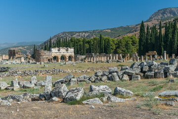 Ruins of ancient city, Hierapolis near Pamukkale, Turkey. Sunny day.