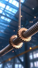 Two interlocking metal gears on threaded rods in industrial setting with blurred background of factory ceiling and glowing lights