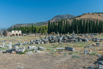 Ruins of ancient city, Hierapolis near Pamukkale, Turkey. Sunny day.