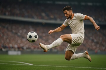 Focused man, soccer player mid-air kicking ball with full power during match surrounded by stadium crowd in background. Concept of sport, football, competition, action, energy, game