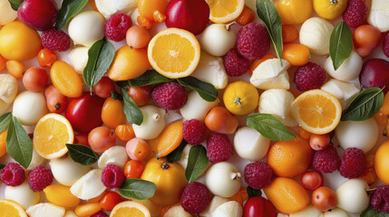 Fresh fruits including oranges, raspberries, and cherries arranged beautifully