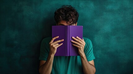 Man covering half his face with a purple book against a dark green background. Concept of deep thought, personal growth, and introspective moments.