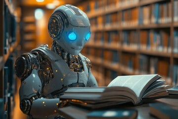 Fototapeta premium In a library filled with books, an AI robot reads intently, exploring topics related to tariffs, customs duties, and trade wars