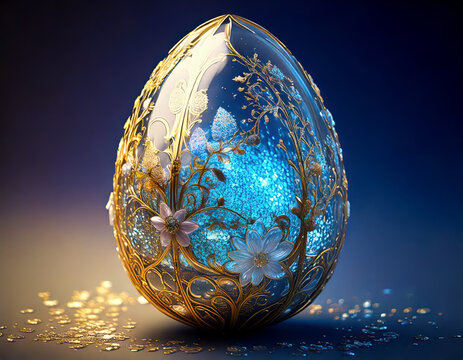 radiant crystal egg with ornate gold and floral designs, glowing with light inside, antique style
