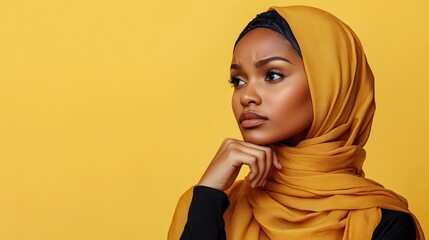 Portrait of doubtful afro muslim woman in headscarf touching chin, overthinking options and looking away over yellow background
