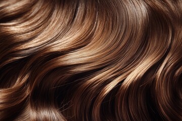Naklejka premium Close-up view reveals the glossy texture and flowing waves of shiny brown hair, showcasing its vibrant color and natural shine
