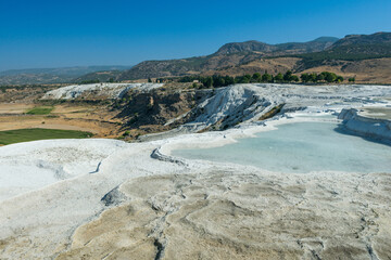 View of beautiful travertine terraces and natural formations, Pamukkale, Turkey.
