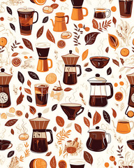 seamless pattern Realistic and artistic illustrations of coffee beans, brewing equipment, coffee cups for background or wallpaper