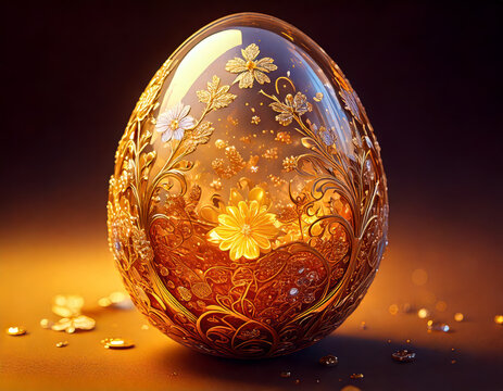 ornate crystal egg with glowing light and delicate gold and floral filigree accents, victorian style