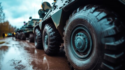 Fototapeta premium Military Vehicles on Wet Road