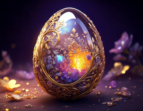 luminous, vintage golden crystal egg with intricate floral filigree and a glowing core