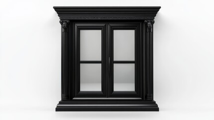 A black wooden window is isolated against a white background, showcasing its elegant frame and design.