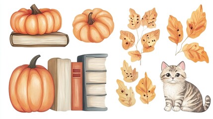 Fototapeta premium set of isolated cute pumpkin, books, cat