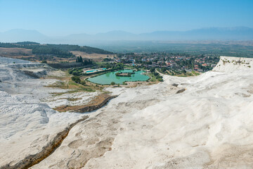 View of beautiful travertine terraces and natural formations, Pamukkale, Turkey.