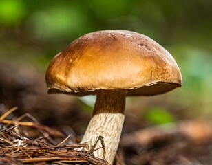 Single Brown Mushroom Isolated Smoothly with Cap Texture and Earthy Stem Base