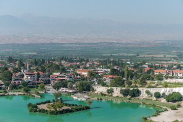 View of beautiful travertine terraces and natural formations, Pamukkale, Turkey.