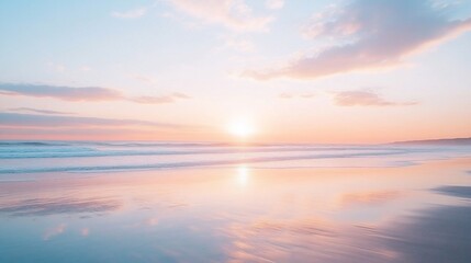 Fototapeta premium Beach sunset colorful sky reflects off of sand and ocean waves