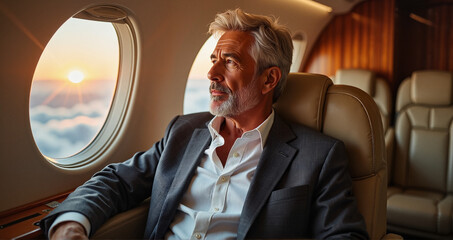 Businessman in a first-class airplane cabin, contemplating work and deals during a flight
