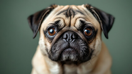 Close-Up Portrait of a Pug Dog with Wrinkled Face and Expressive Eyes