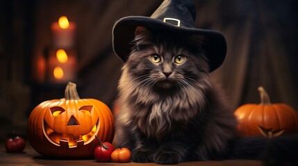 A black cat wearing a Halloween witch's hat is sitting in front of a row of pumpkins. The scene has a spooky and eerie mood