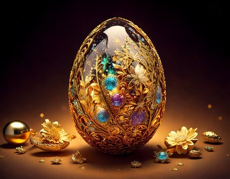 luxurious jeweled crystal egg with golden detailing and hidden treasures inside