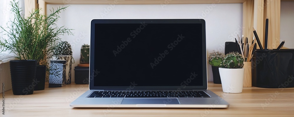 Poster laptop showing black screen display on top of wooden table