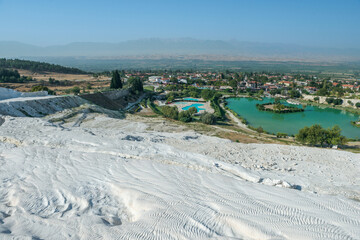View of beautiful travertine terraces and natural formations, Pamukkale, Turkey.