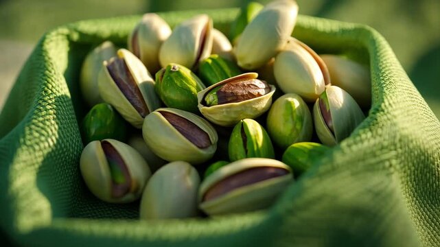 Fresh Green Pistachios in a Textured Bag with Natural Sunlight