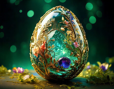 stunning Faberg&eacute;-inspired crystal egg with glowing center, jewels, floral, and golden accents