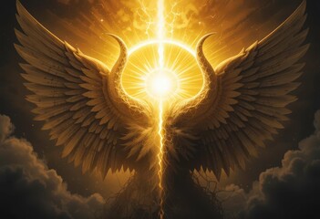  A Radiant Golden Halo Shimmers With Light While Shadowy Horns Twist Upward With Dark Majesty, Embodying Good and Evil