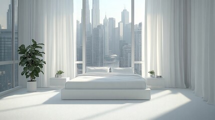 Fototapeta premium Bedroom White bed, sheer curtains, cityscape view, plants, bright & minimal interior