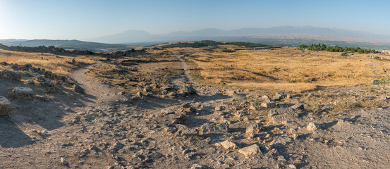 Ruins of ancient city, Hierapolis near Pamukkale, Turkey. Sunny day.