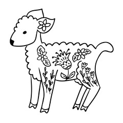 Hand drawn vector illustration of a lamb decorated with floral folk patterns, isolated on white background. Folk art and spring concept representing innocence, tradition and nature