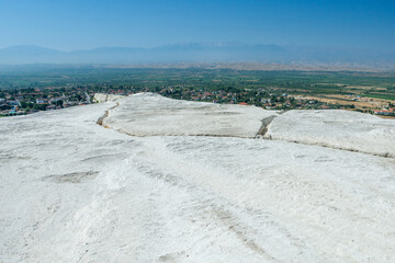 View of beautiful travertine terraces and natural formations, Pamukkale, Turkey.
