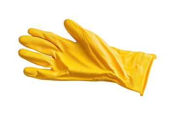 Vibrant yellow rubber glove resting on a white surface, perfect for household cleaning tasks