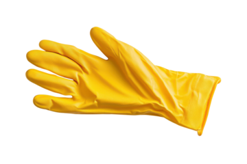 Vibrant yellow rubber glove resting on a white surface, perfect for household cleaning tasks