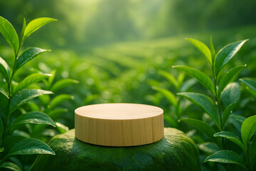 Cosmetic Wooden Podium in Green Tea Field &ndash; Organic Detox Skincare Visual