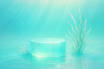 Underwater Marine Podium with Seaweed and Bubbles &ndash; Deep Ocean Skincare Scene