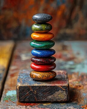 Seven 7 Chakras concept. Colorful Stacked Stones on a Wooden Block with Artistic Background